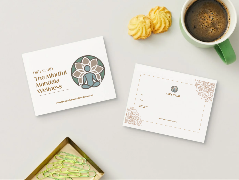 The Mindful Mandala Wellness gift card — front and back