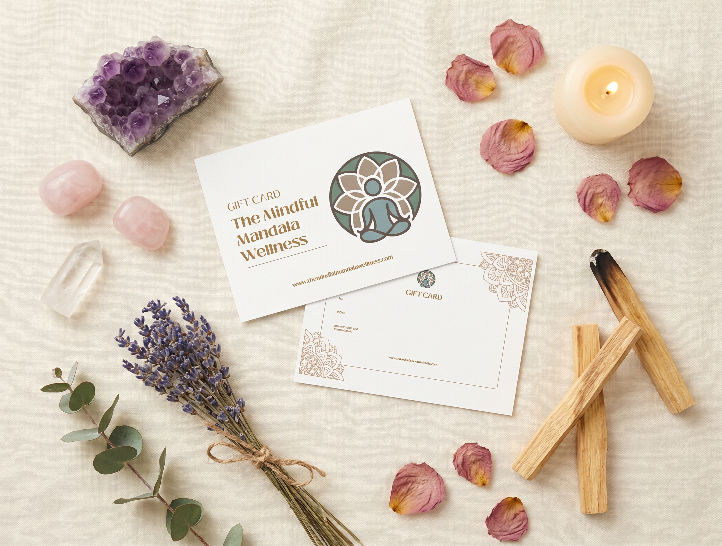 Mindful Mandala Wellness gift card surrounded by crystals, lavender, palo santo, and candles — a beautiful wellness gift
